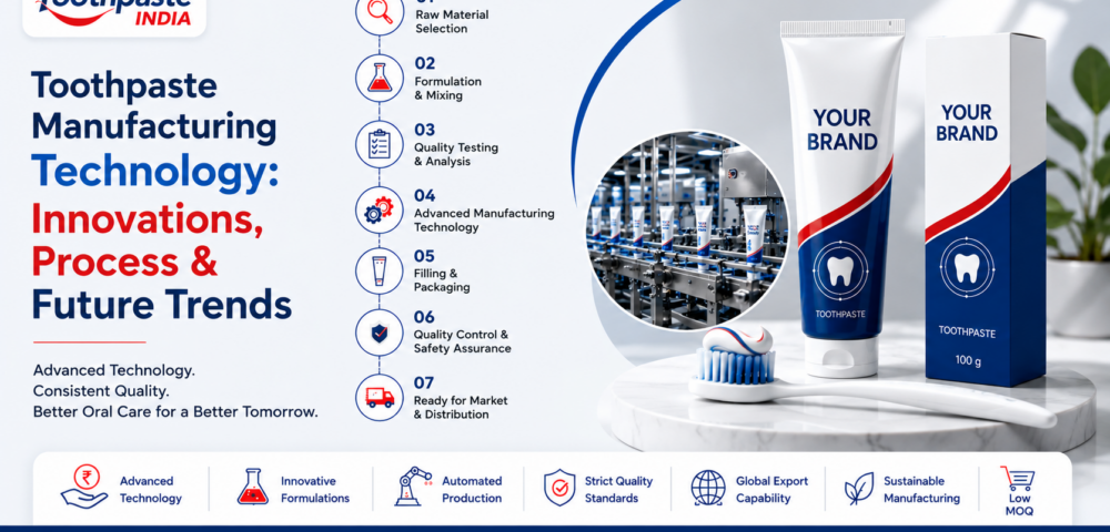 Toothpaste manufacturing technology showing modern toothpaste production process, automated machinery, quality control, AI, Industry 4.0, and smart manufacturing in an oral care manufacturing plant