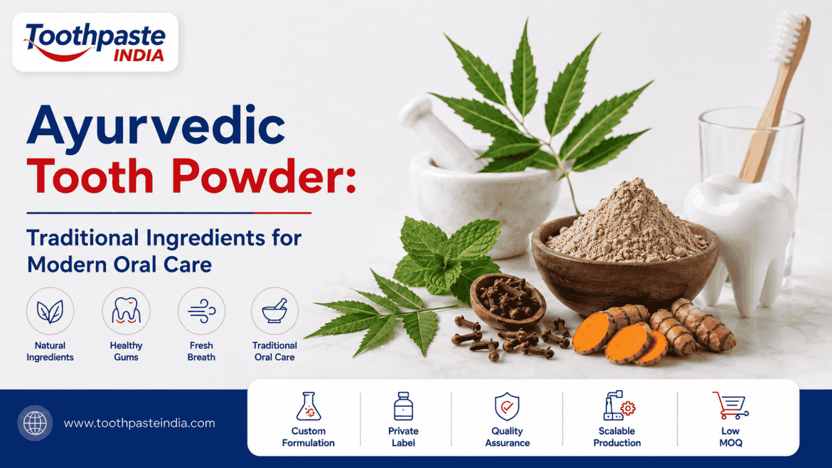 Ayurvedic tooth powder with traditional herbal ingredients for modern oral care