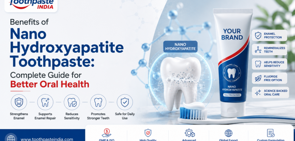Benefits of Nano Hydroxyapatite Toothpaste infographic showing enamel support, tooth enamel remineralization, nano hydroxyapatite toothpaste for sensitive teeth, fluoride free nano hydroxyapatite toothpaste, and advanced oral care by Toothpaste India.