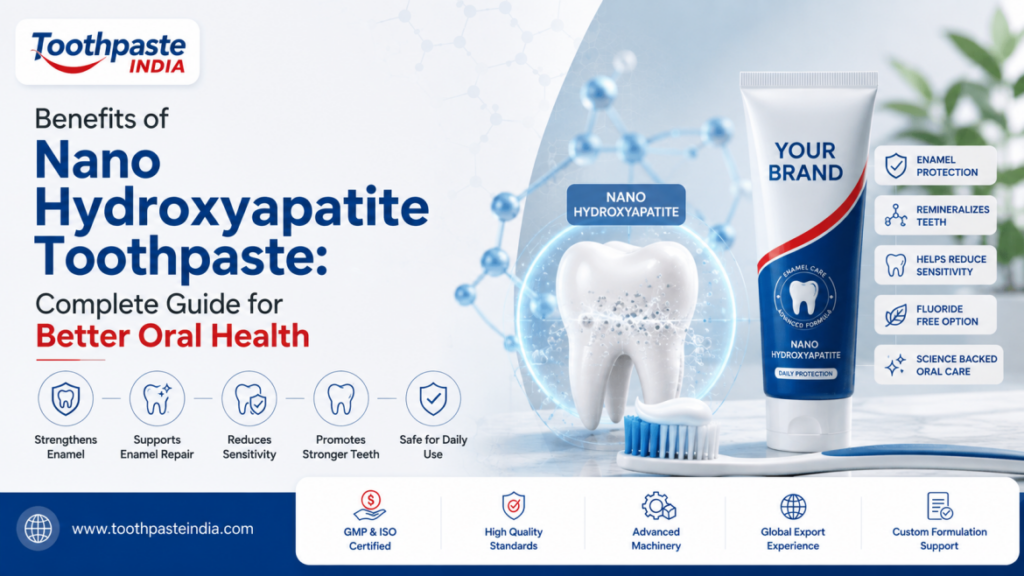 Benefits of Nano Hydroxyapatite Toothpaste infographic showing enamel support, tooth enamel remineralization, nano hydroxyapatite toothpaste for sensitive teeth, fluoride free nano hydroxyapatite toothpaste, and advanced oral care by Toothpaste India.