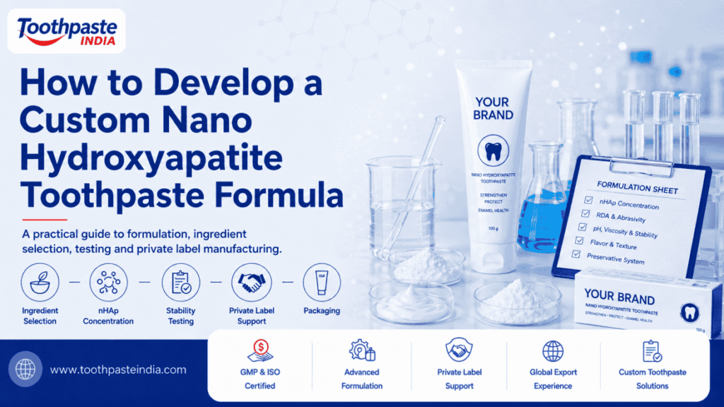 Custom nano hydroxyapatite toothpaste formula development with nHAp ingredients, laboratory testing and private label manufacturing