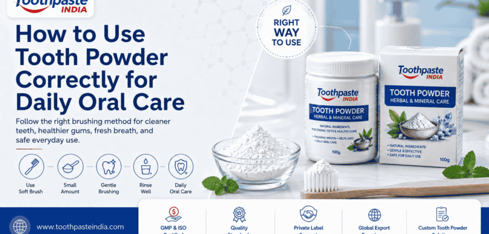 Informational oral care banner showing how to use tooth powder correctly for daily oral care with tooth powder jar, box, bowl of powder, toothbrush, and step-by-step usage icons.