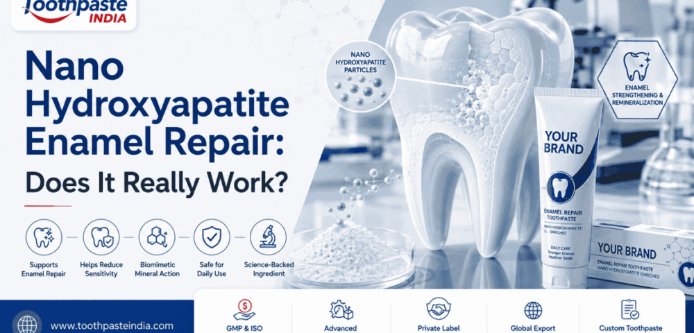 Nano hydroxyapatite enamel repair toothpaste showing enamel remineralization, nano particles and tooth strengthening technology.