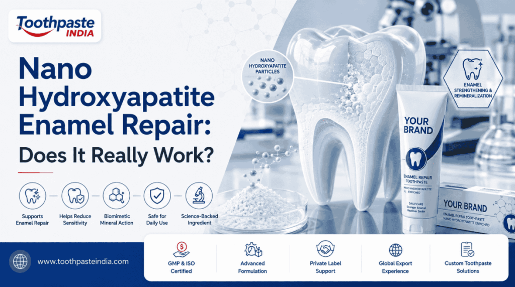 Nano hydroxyapatite enamel repair toothpaste showing enamel remineralization, nano particles and tooth strengthening technology.