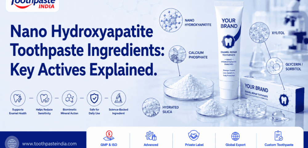 Nano hydroxyapatite toothpaste ingredients with key actives including calcium phosphate, hydrated silica, xylitol, glycerin and sorbitol