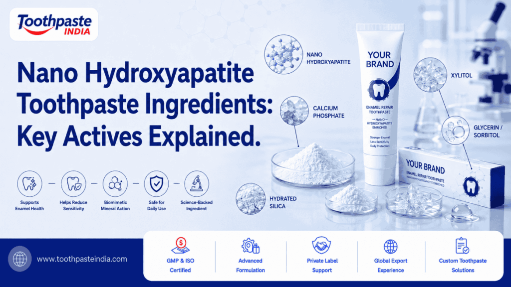 Nano hydroxyapatite toothpaste ingredients with key actives including calcium phosphate, hydrated silica, xylitol, glycerin and sorbitol
