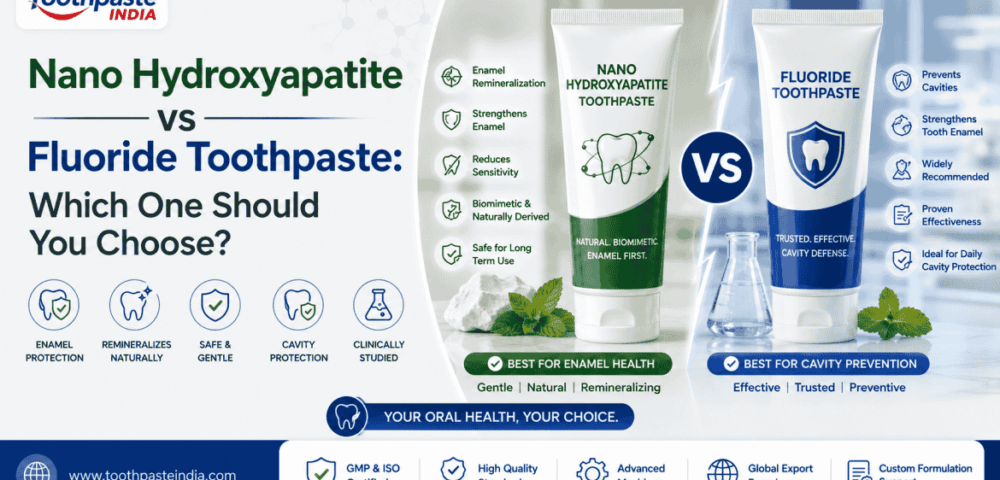Comparison of Nano Hydroxyapatite vs Fluoride Toothpaste showing enamel remineralization, cavity protection, sensitivity relief, fluoride benefits, and advanced oral care solutions by Toothpaste India.