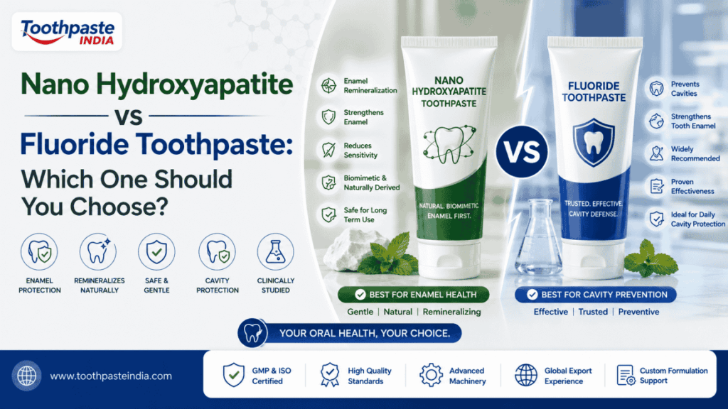 Comparison of Nano Hydroxyapatite vs Fluoride Toothpaste showing enamel remineralization, cavity protection, sensitivity relief, fluoride benefits, and advanced oral care solutions by Toothpaste India.