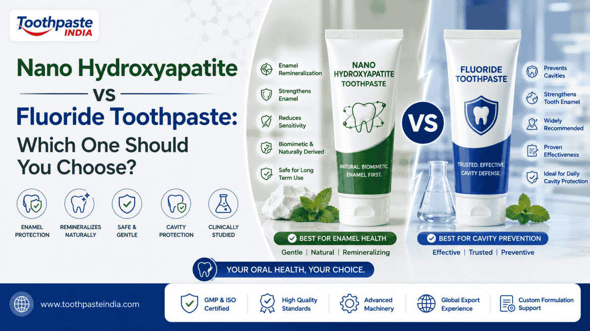 Comparison of Nano Hydroxyapatite vs Fluoride Toothpaste showing enamel remineralization, cavity protection, sensitivity relief, fluoride benefits, and advanced oral care solutions by Toothpaste India.