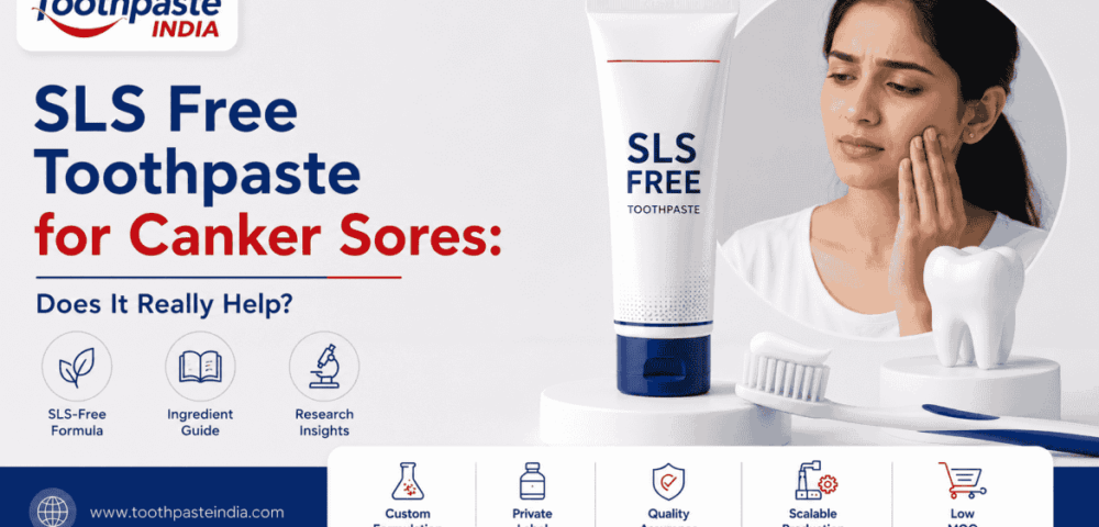 SLS-free toothpaste tube and soft toothbrush beside a woman touching her cheek, with Toothpaste India branding.