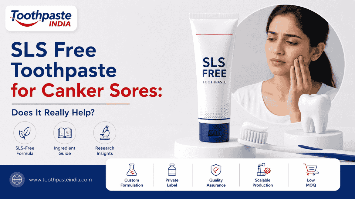 SLS-free toothpaste tube and soft toothbrush beside a woman touching her cheek, with Toothpaste India branding.