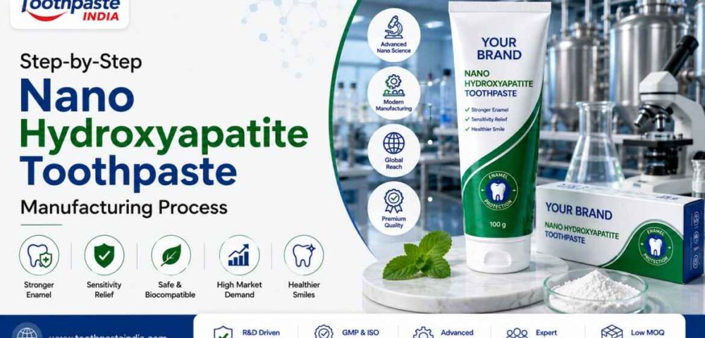 Step-by-step Nano Hydroxyapatite Toothpaste Manufacturing Process infographic showing modern toothpaste manufacturing, nano hydroxyapatite toothpaste production, advanced oral care technology, GMP-certified manufacturing, and private label toothpaste solutions by Toothpaste India.