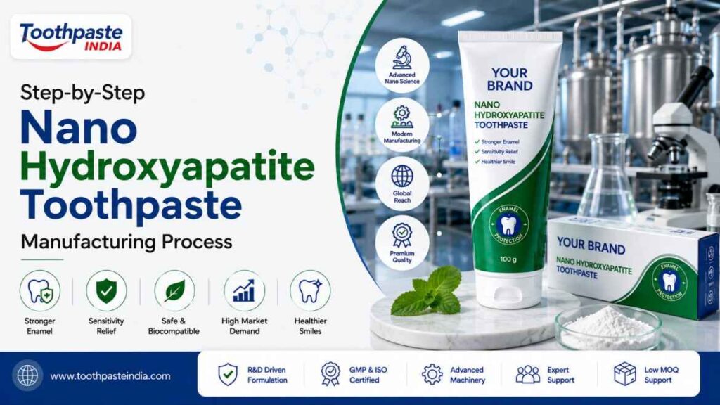 Step-by-step Nano Hydroxyapatite Toothpaste Manufacturing Process infographic showing modern toothpaste manufacturing, nano hydroxyapatite toothpaste production, advanced oral care technology, GMP-certified manufacturing, and private label toothpaste solutions by Toothpaste India.