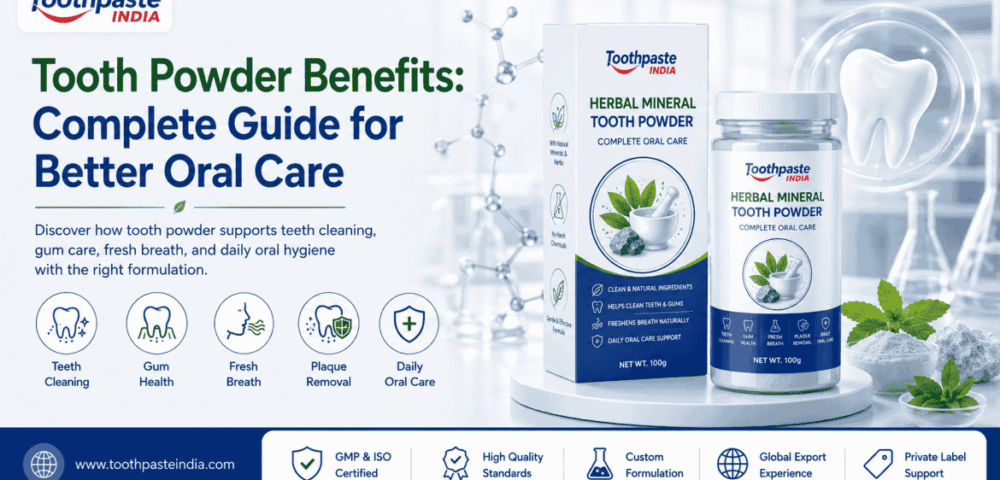 Tooth powder benefits banner showing herbal mineral tooth powder for teeth cleaning, gum health, fresh breath and daily oral care