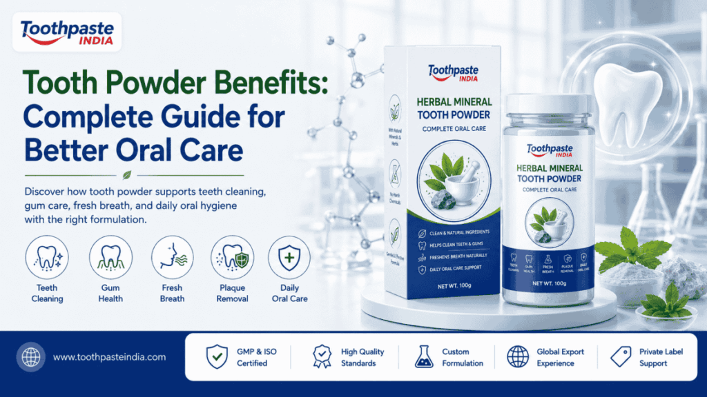 Tooth powder benefits banner showing herbal mineral tooth powder for teeth cleaning, gum health, fresh breath and daily oral care