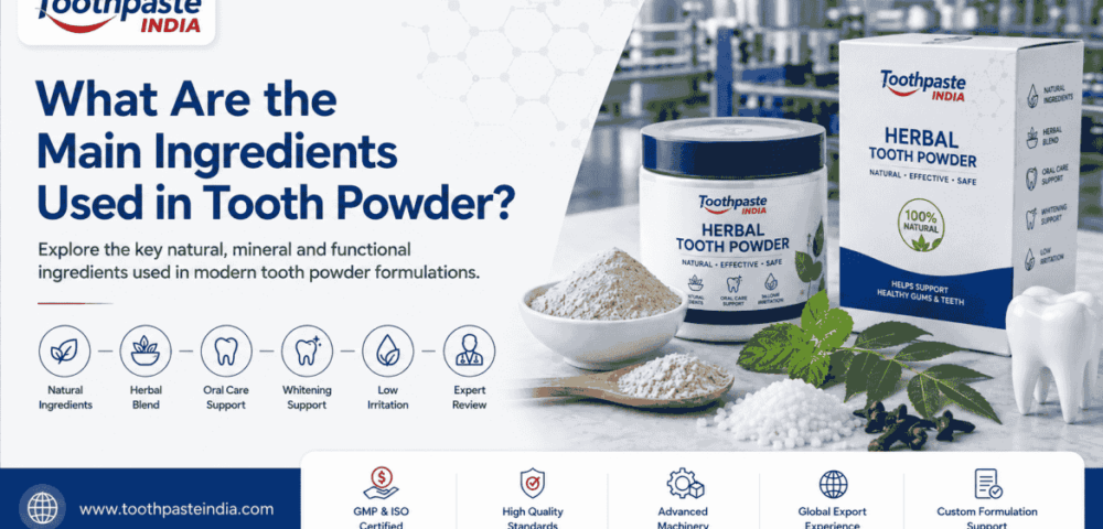 Tooth Powder Ingredients banner showing herbal tooth powder, natural ingredients, neem, mint, cloves, minerals, and oral care manufacturing.