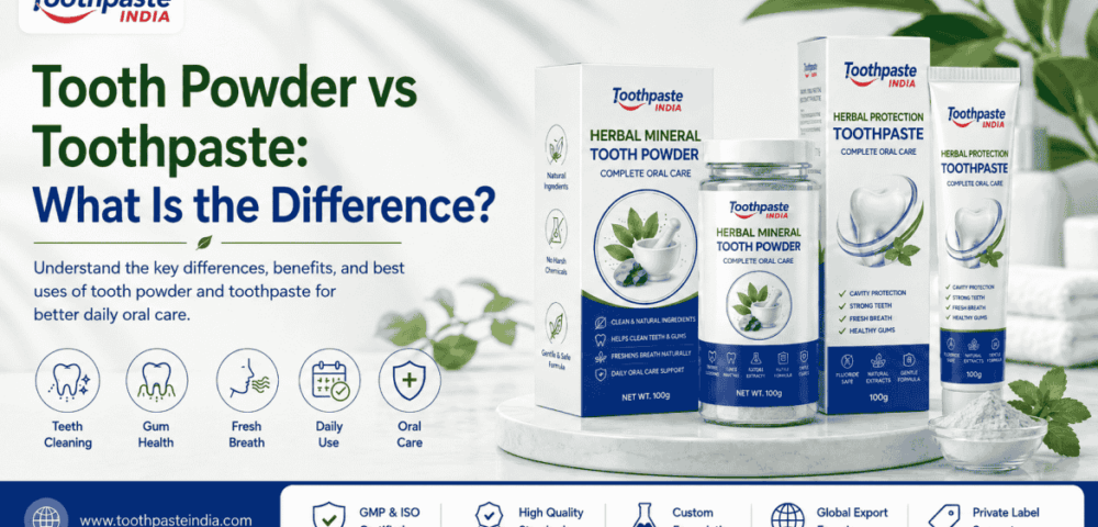 Tooth powder vs toothpaste comparison showing herbal tooth powder and toothpaste products for daily oral care, teeth cleaning, gum health and fresh breath.