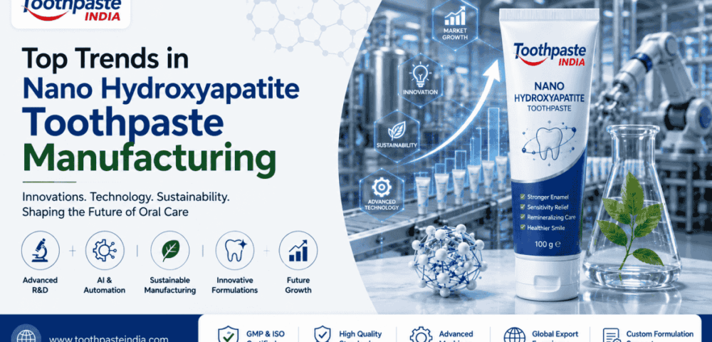 Top Trends in Nano Hydroxyapatite Toothpaste Manufacturing showing AI-driven production, sustainable manufacturing, automation, innovative formulations, and private label toothpaste manufacturing by Toothpaste India.