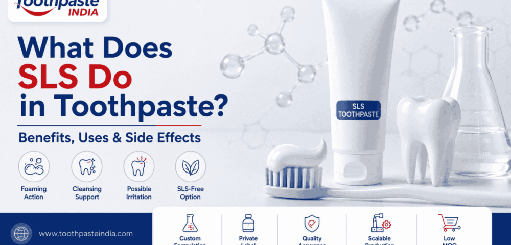 What does SLS do in toothpaste, including its foaming action, cleaning benefits, uses, possible side effects and SLS-free toothpaste option