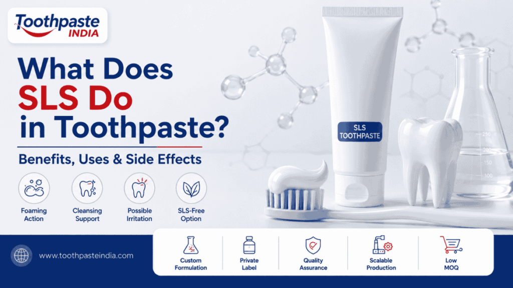 What does SLS do in toothpaste, including its foaming action, cleaning benefits, uses, possible side effects and SLS-free toothpaste option