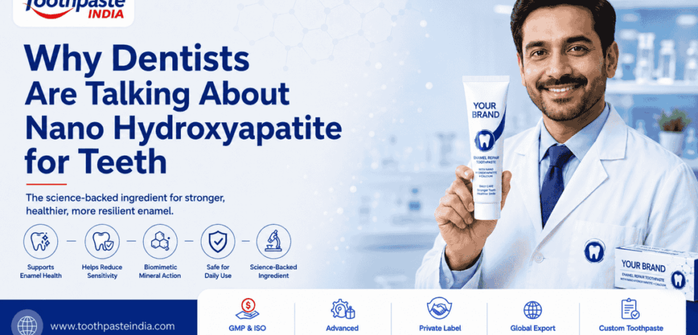 Smiling dentist holding nano hydroxyapatite toothpaste with Toothpaste India branding and headline about nano hydroxyapatite for teeth
