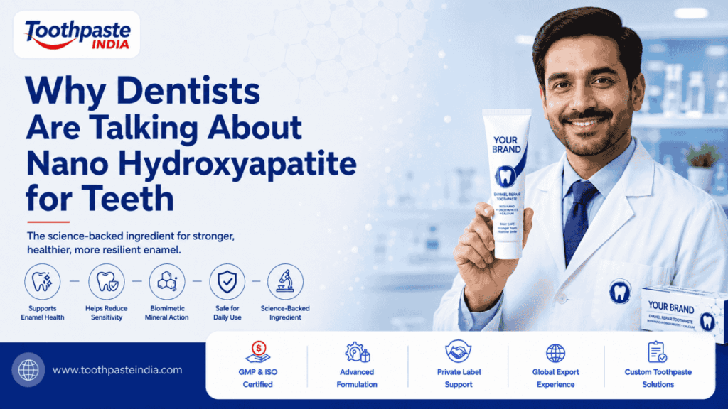 Smiling dentist holding nano hydroxyapatite toothpaste with Toothpaste India branding and headline about nano hydroxyapatite for teeth