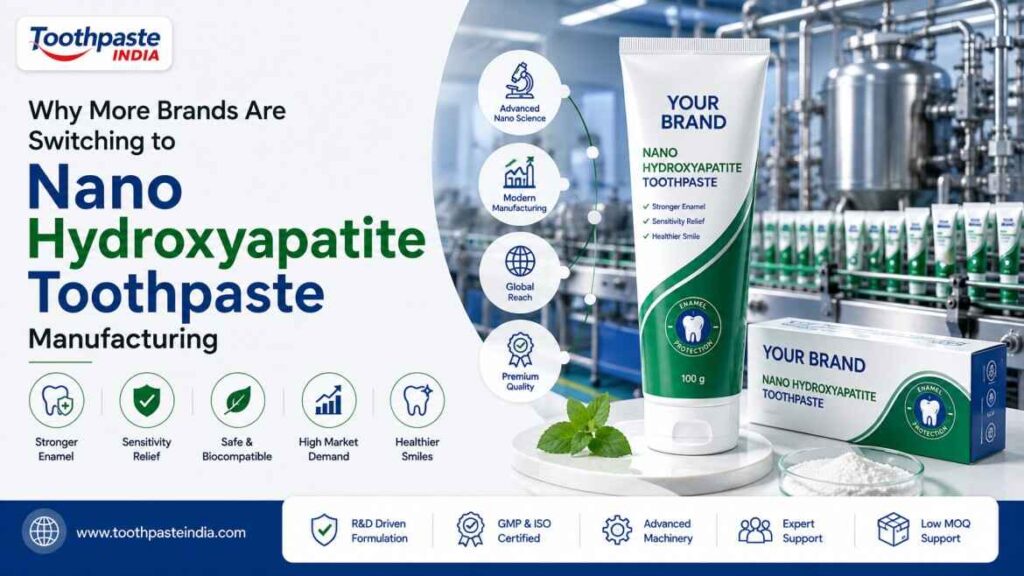 Why More Brands Are Switching to Nano Hydroxyapatite Toothpaste Manufacturing banner featuring a branded toothpaste tube, modern toothpaste manufacturing facility, advanced production technology, GMP-certified manufacturing, and private label toothpaste solutions.