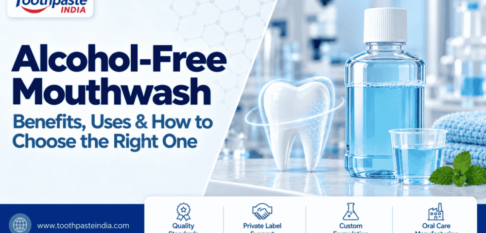 Alcohol-free mouthwash bottle with the Toothpaste India logo and oral-care manufacturing