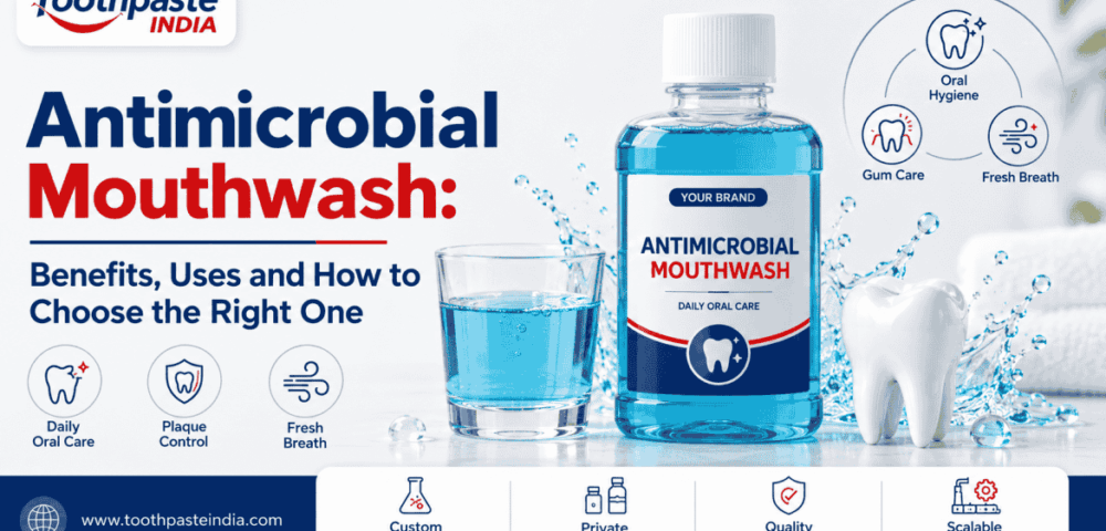 Antimicrobial mouthwash bottle and oral rinse glass beside a tooth model on a Toothpaste India blog banner