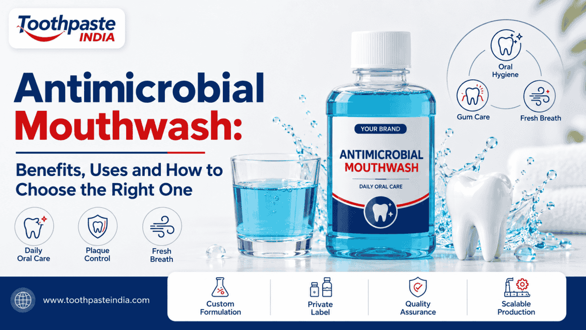 Antimicrobial mouthwash bottle and oral rinse glass beside a tooth model on a Toothpaste India blog banner