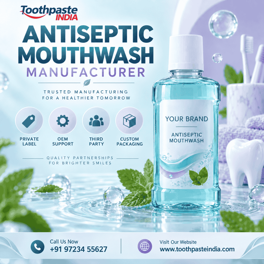 Antiseptic mouthwash manufacturer in India offering private label chlorhexidine mouthwash, antibacterial mouth rinse, alcohol-free oral antiseptic and OEM manufacturing