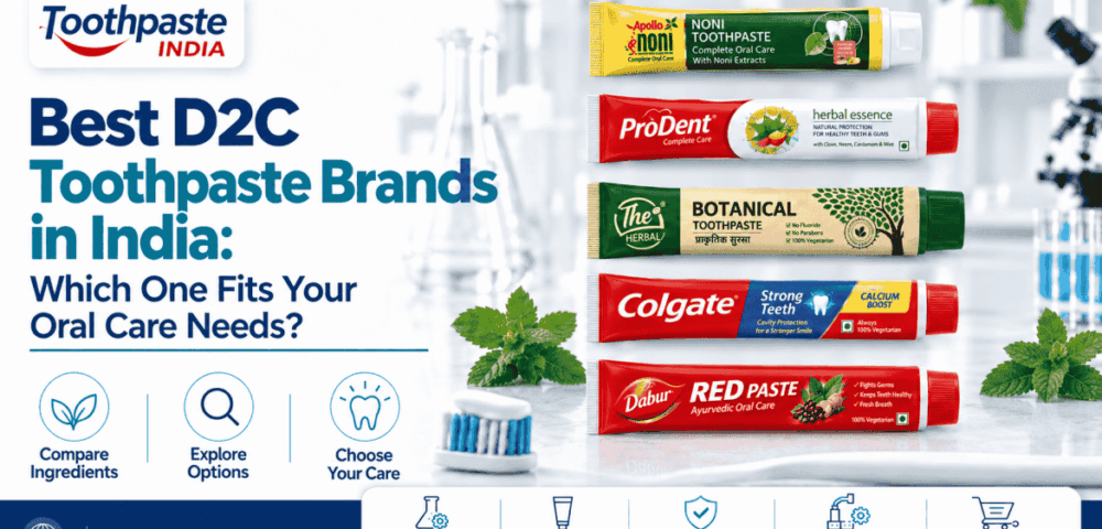 D2C toothpaste brands in India comparison banner with Apollo Noni, PRODENT, The Herbal Botanical, Colgate and Dabur tubes.