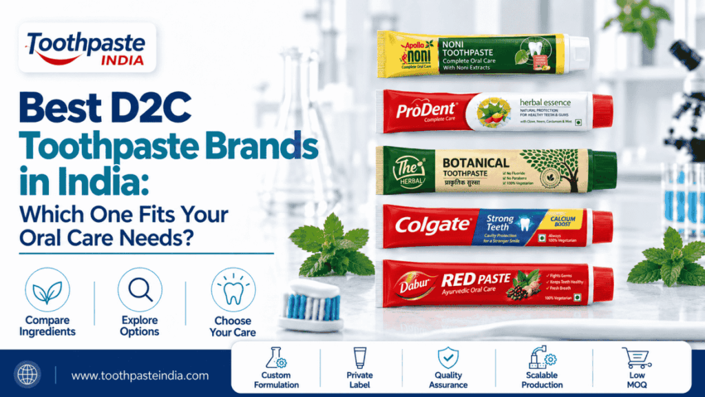 D2C toothpaste brands in India comparison banner with Apollo Noni, PRODENT, The Herbal Botanical, Colgate and Dabur tubes.