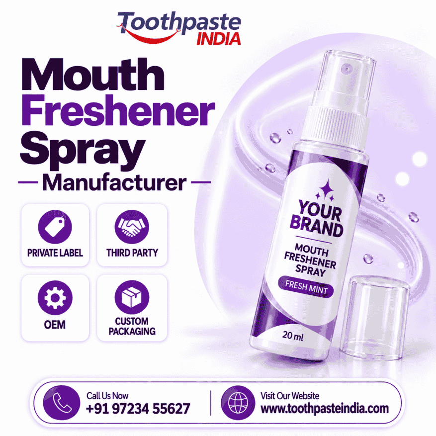 Toothpaste India mouth freshener spray manufacturer offering private label breath spray, OEM and custom packaging.
