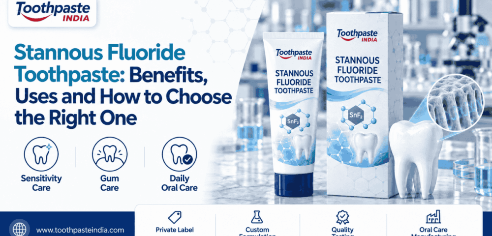 Stannous fluoride toothpaste tube and carton beside a tooth model illustrating sensitivity and gum care