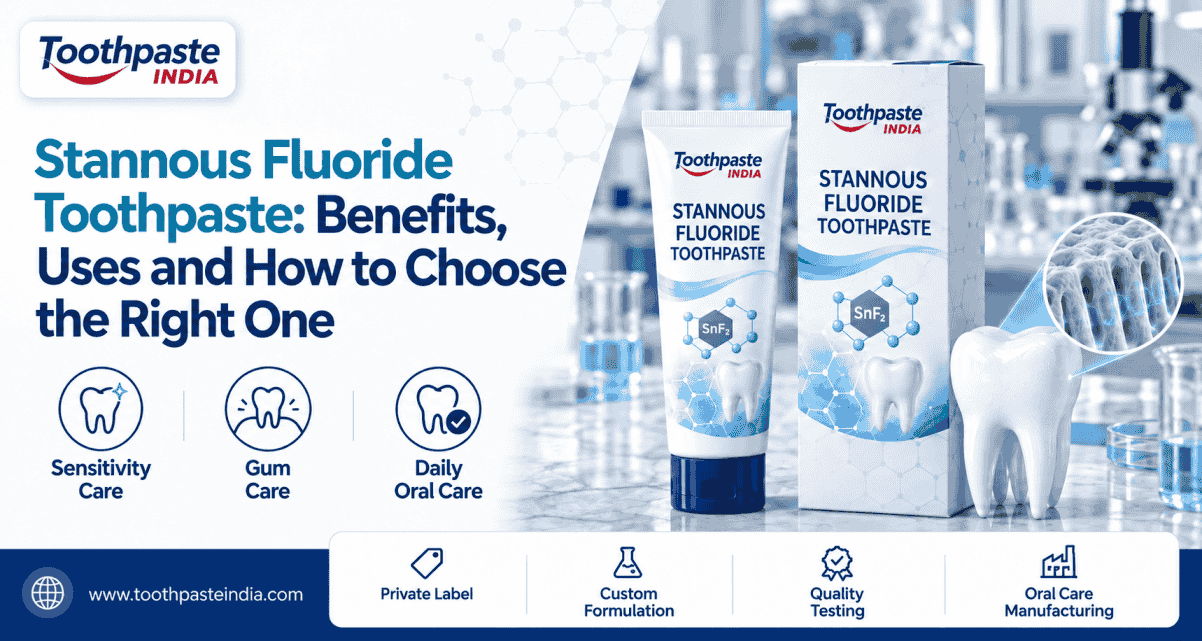 Stannous fluoride toothpaste tube and carton beside a tooth model illustrating sensitivity and gum care