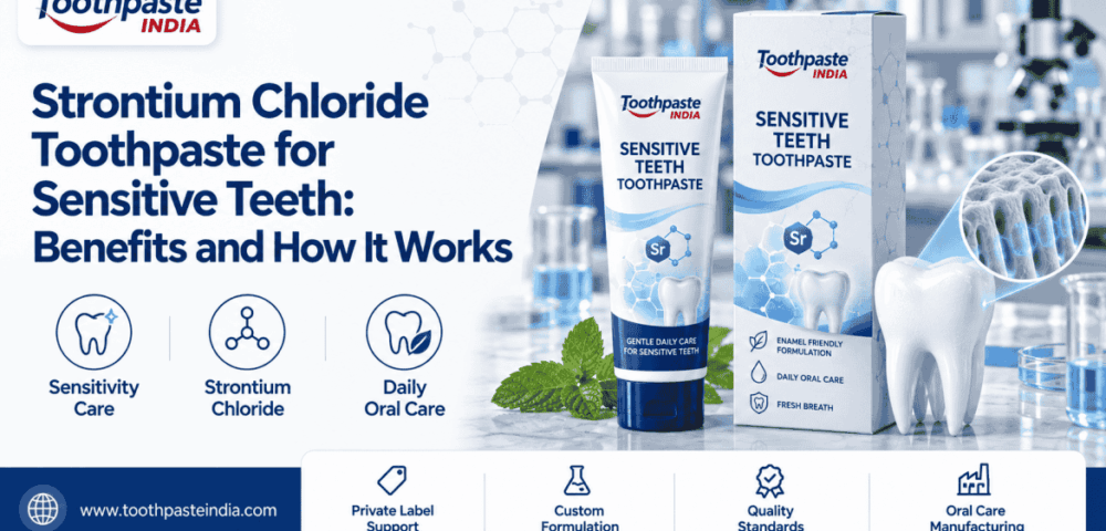 Strontium chloride toothpaste for sensitive teeth shown with a toothbrush and toothpaste tube