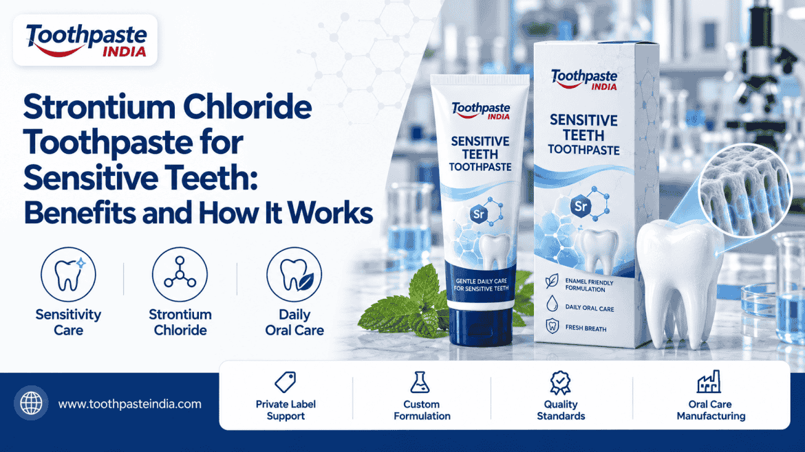 Strontium chloride toothpaste for sensitive teeth shown with a toothbrush and toothpaste tube