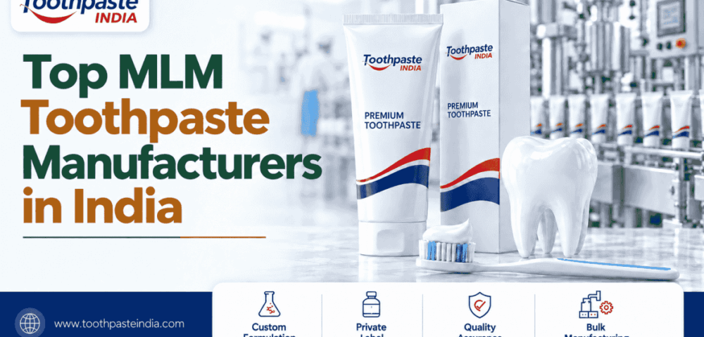MLM toothpaste manufacturer in India banner featuring Toothpaste India tubes, cartons and a production line for private label MLM toothpaste, OEM toothpaste manufacturing and bulk supply for direct selling companies.