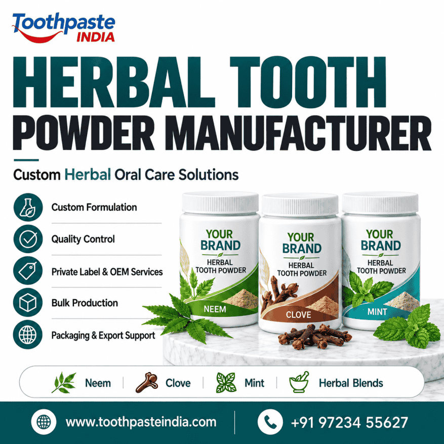 Herbal Tooth Powder Manufacturer by Toothpaste India, a herbal tooth powder, Herbal dental powder offering private label, OEM and third-party manufacturing in India.