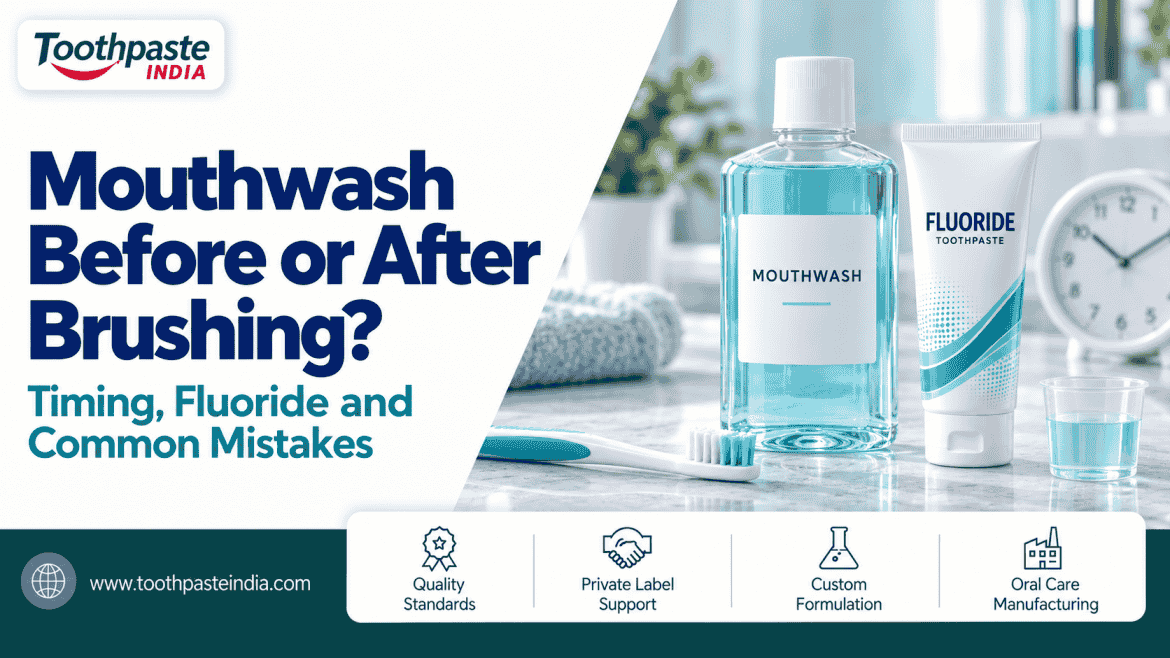 Mouthwash before or after brushing guide with a mouthwash bottle, fluoride toothpaste, toothbrush and clock beside Toothpaste India branding.