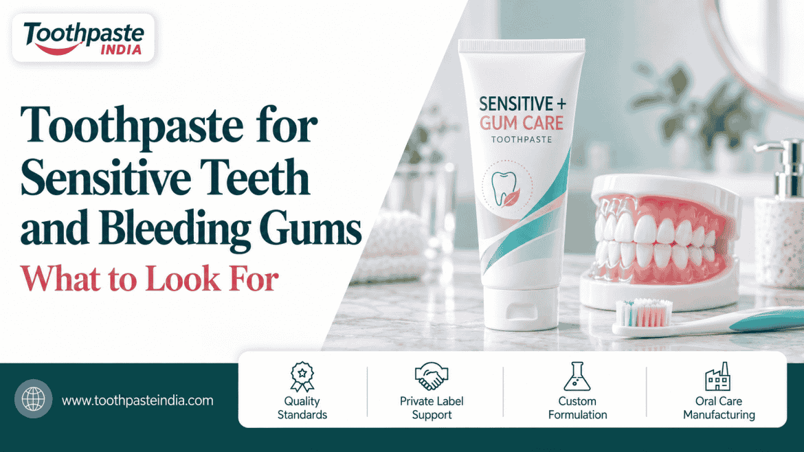 Toothpaste for sensitive teeth and bleeding gums with a gum-care toothpaste tube, dental model and Toothpaste India private label branding.